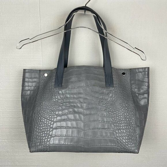 Vince Signature V Croc Embossed Leather Tote Gray - Picture 4 of 12